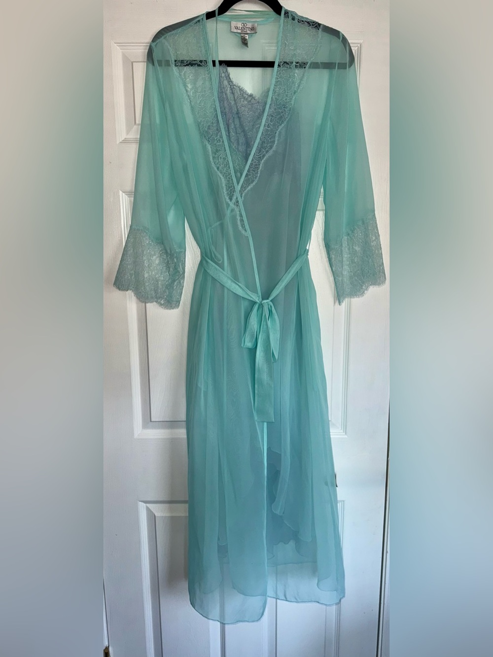 VALENTINO INTIMO Aqua Sheer Lace Ethereal Slip Dress + Long Robe S/P Y2K Vintage
